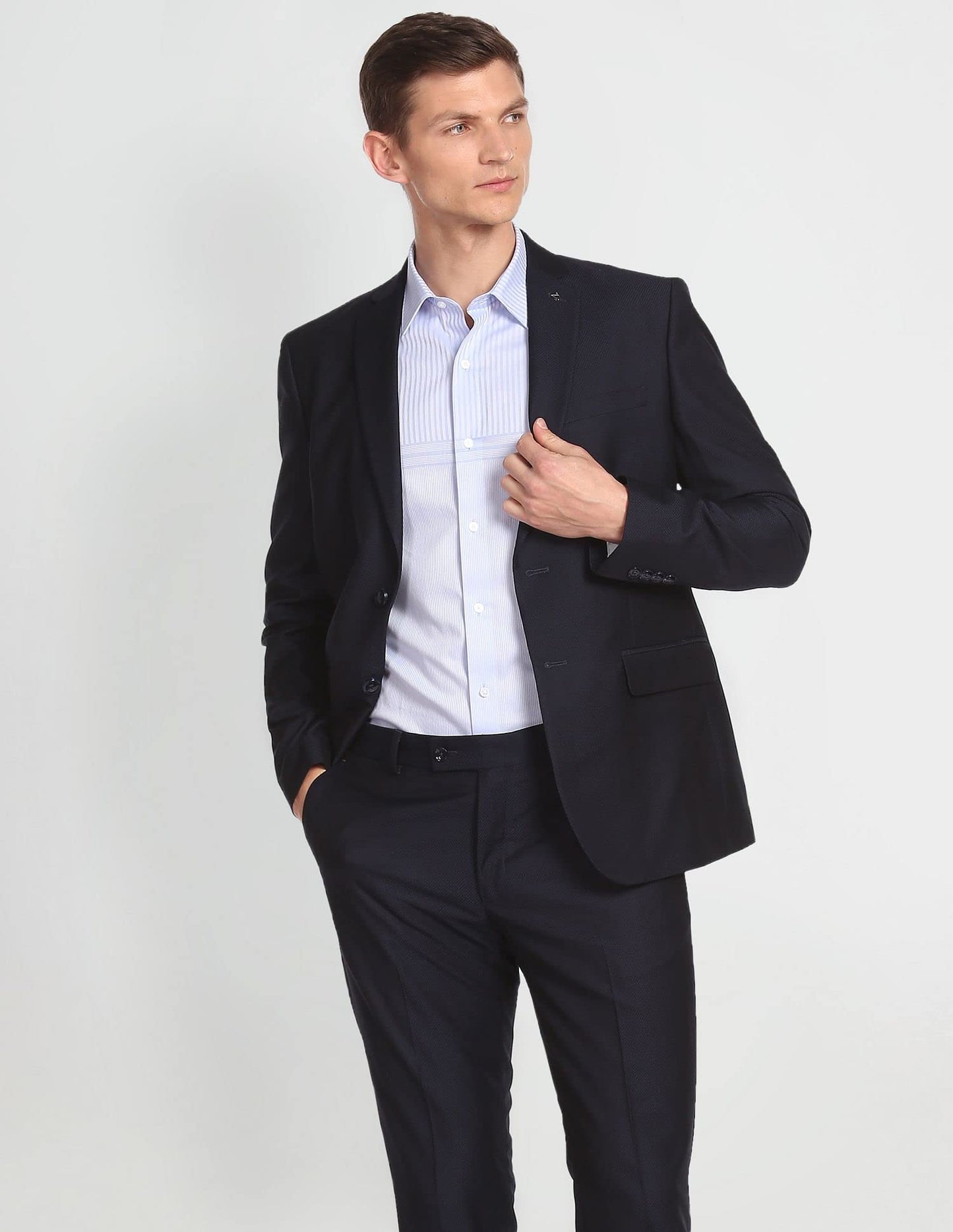 Arrow Men's Rayon Notch Lapel Collar Dobby Two Piece Suit (ARAFSU5514_Navy