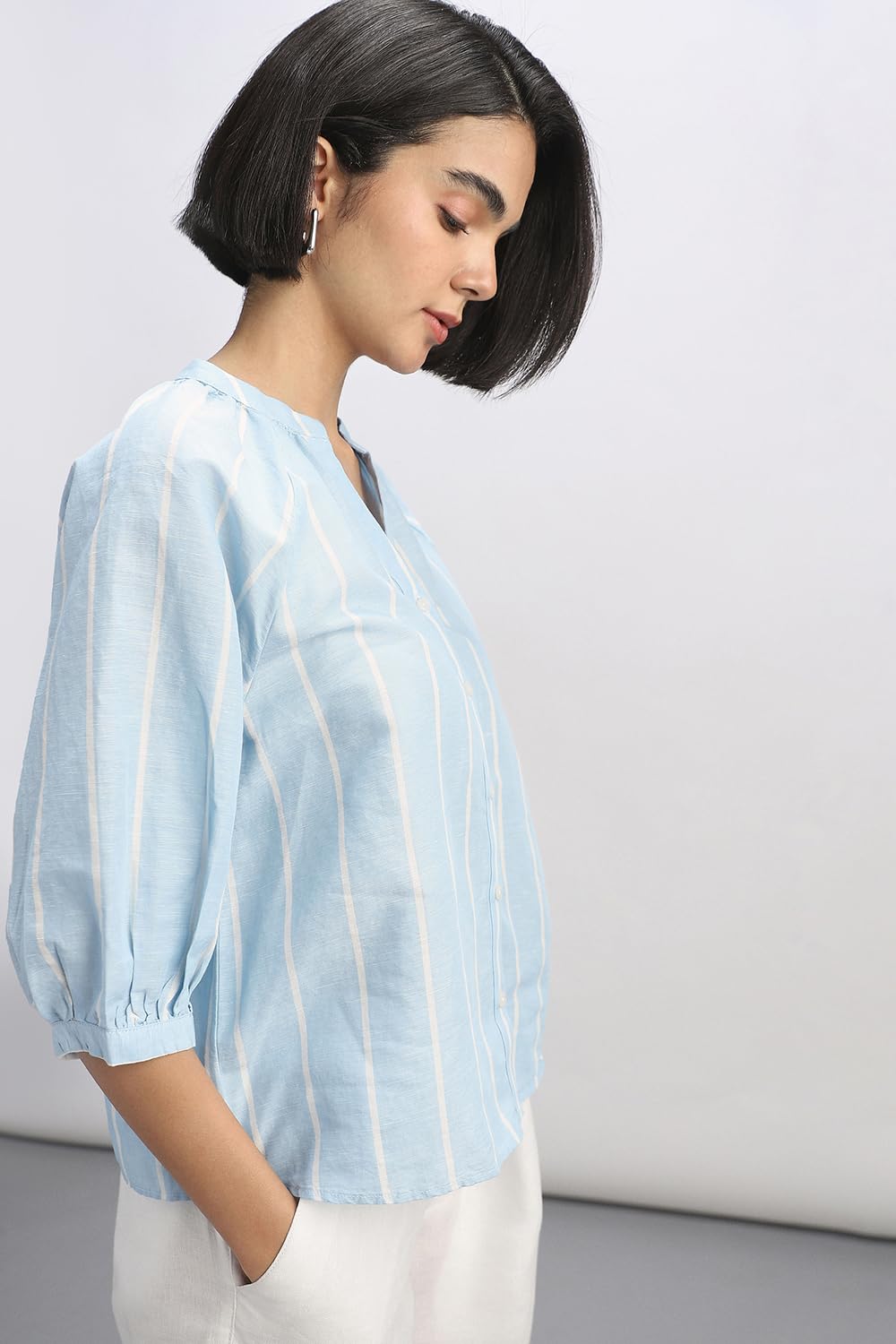 Women Light Blue Stripe Casual Top