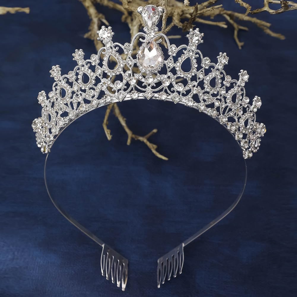 Shining Diva Fashion Crystal Tiara and Crown for Women Stylish Headband Crowns with Comb Tiaras for Girls Kids Queen Princess Wedding Bridal Birthday Gift Hair Accessories (Silver) (rr15862hb)
