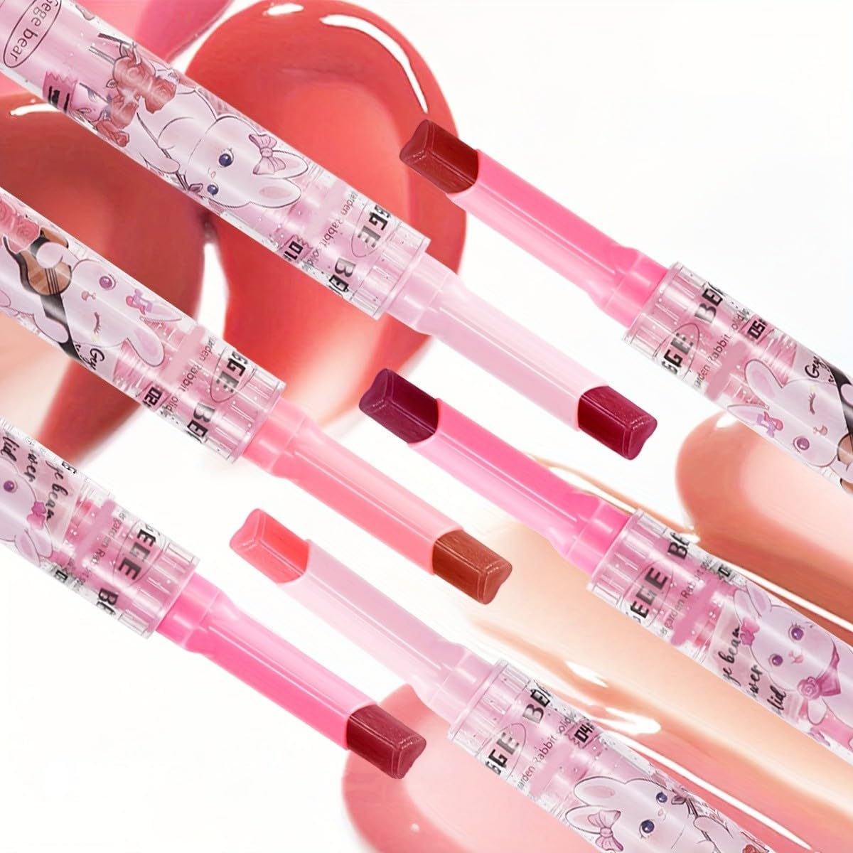 Gege Bear Heart-Shaped Glossy Lipstick Set – 3 Vibrant Shades for Hydrated, Glossy Lips | Click-to-Dispense, Travel-Friendly Design (Set B - #4,#5,#6, Pack of 3)