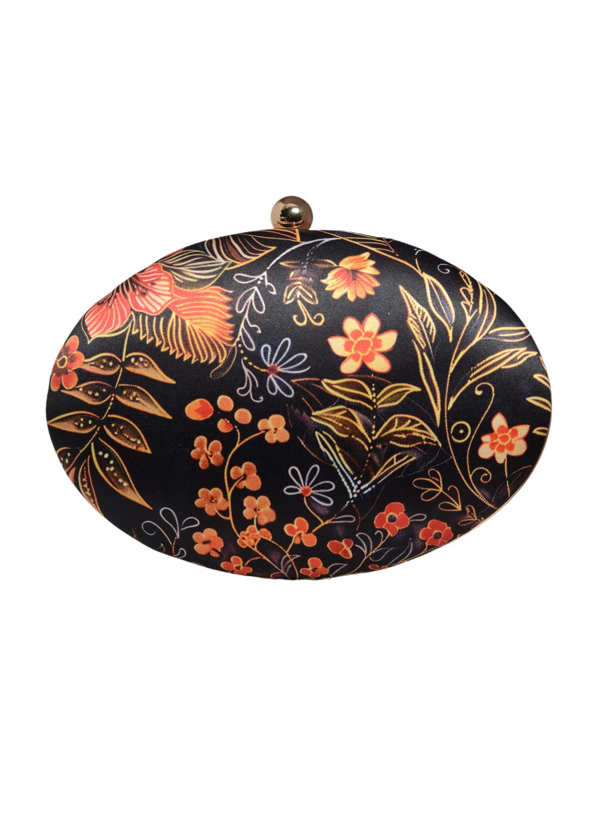 Artklim Black Based Orange Floral Printed Oval Clutch Bag for Women with Detachable Strap