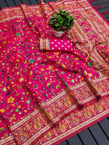 Panzora Woman's Dark Pink Kashmiri Pashmina Silk Saree with Unstitched Blouse Piece.