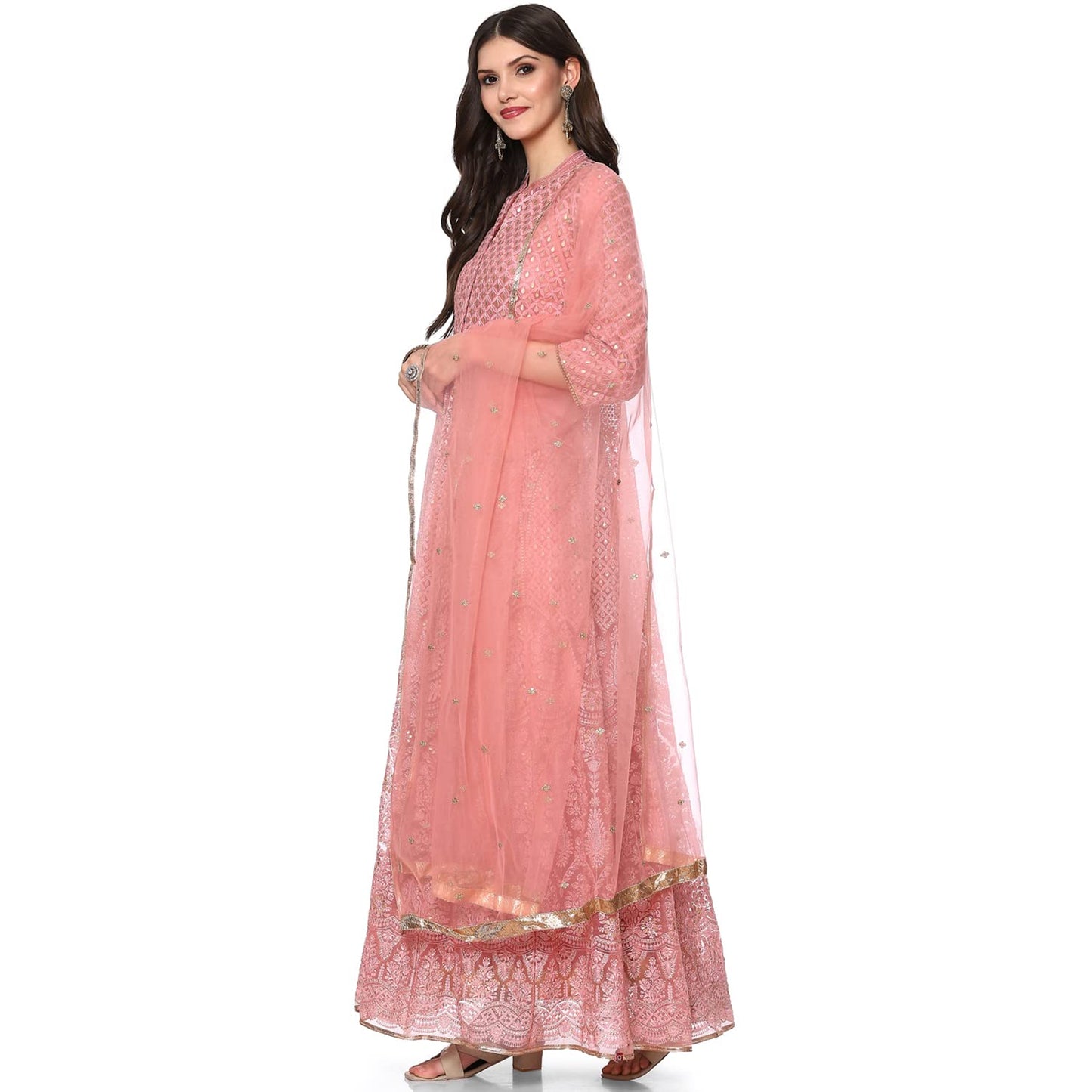 BIBA WOMEN EMBROIDERY FLARED SALWAR KURTA DUPATTA(SKD6463_DSKY PINK_38)