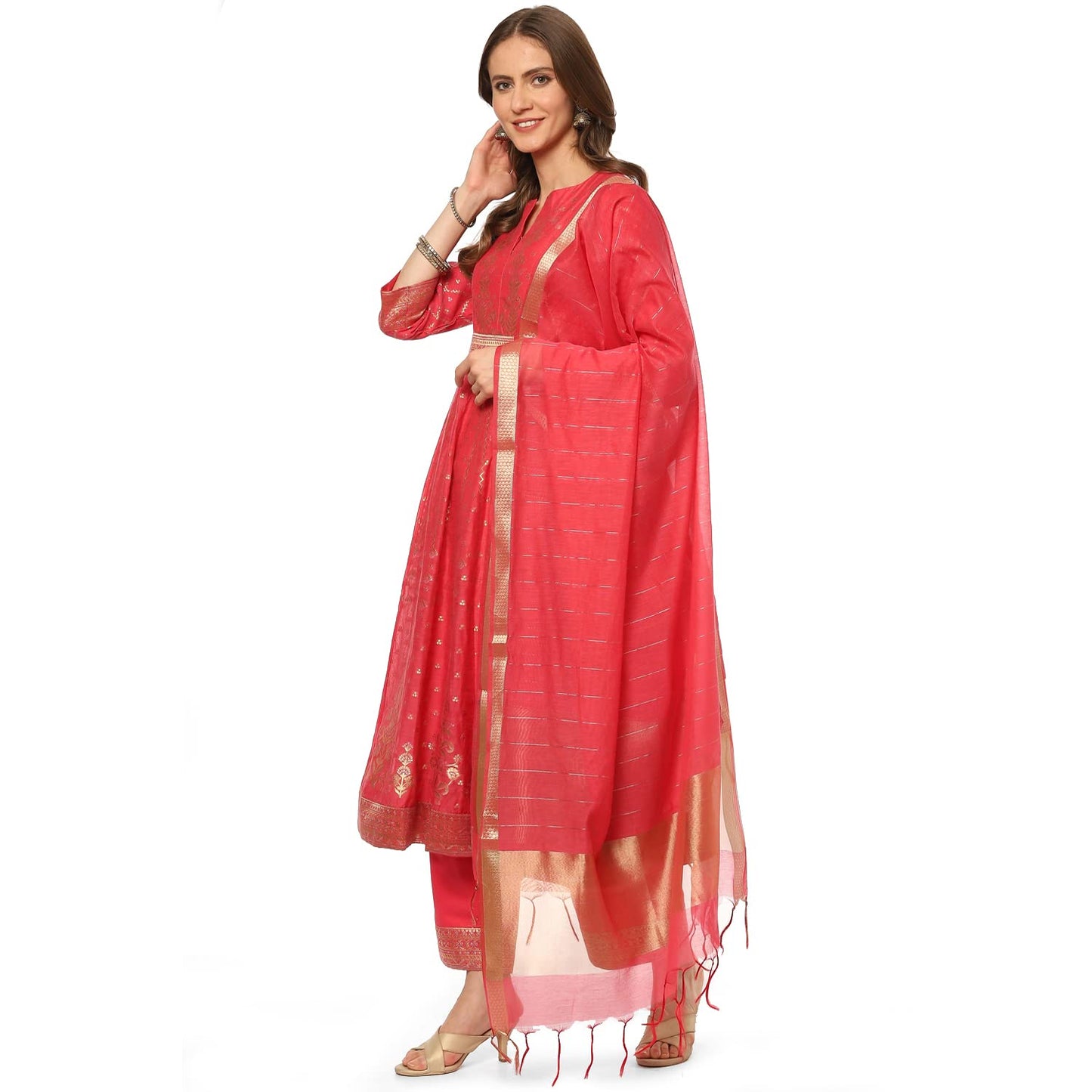 BIBA WOMEN YARNDYED NARROW SALWAR KURTA DUPATTA(SKDBANARAS8136_FUCHSIA_36)