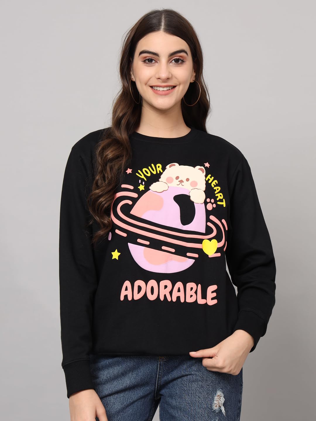 THE DRY STATE Womens Full Sleeves Round Neck Cotton Sweater Black