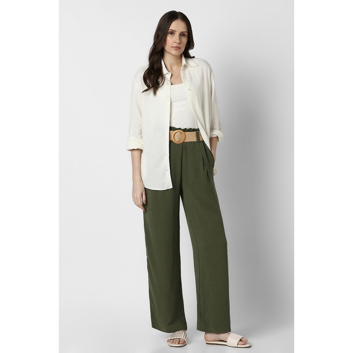 Women Olive Solid Casual Trousers