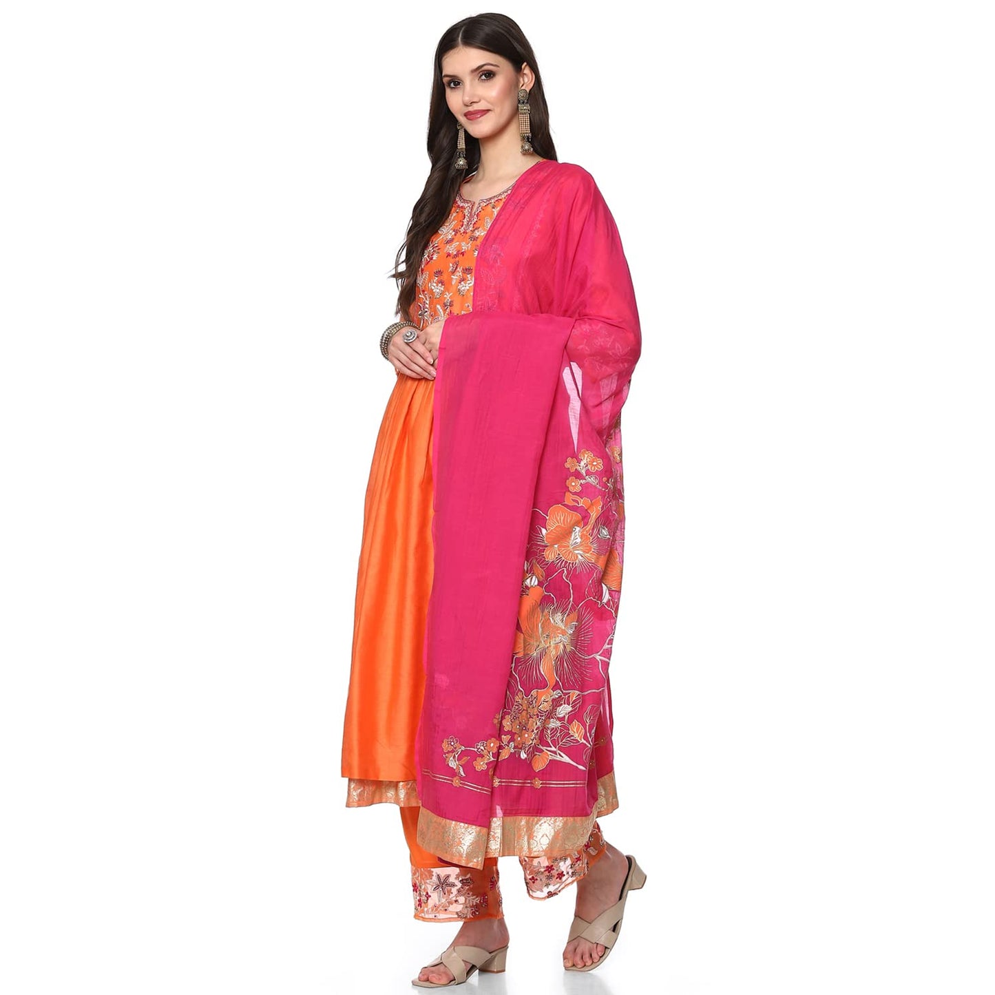 BIBA Silk Blend Women Embroidery Straight Salwar Kurta Dupatta(Skd8105_Orange/Pink_34)