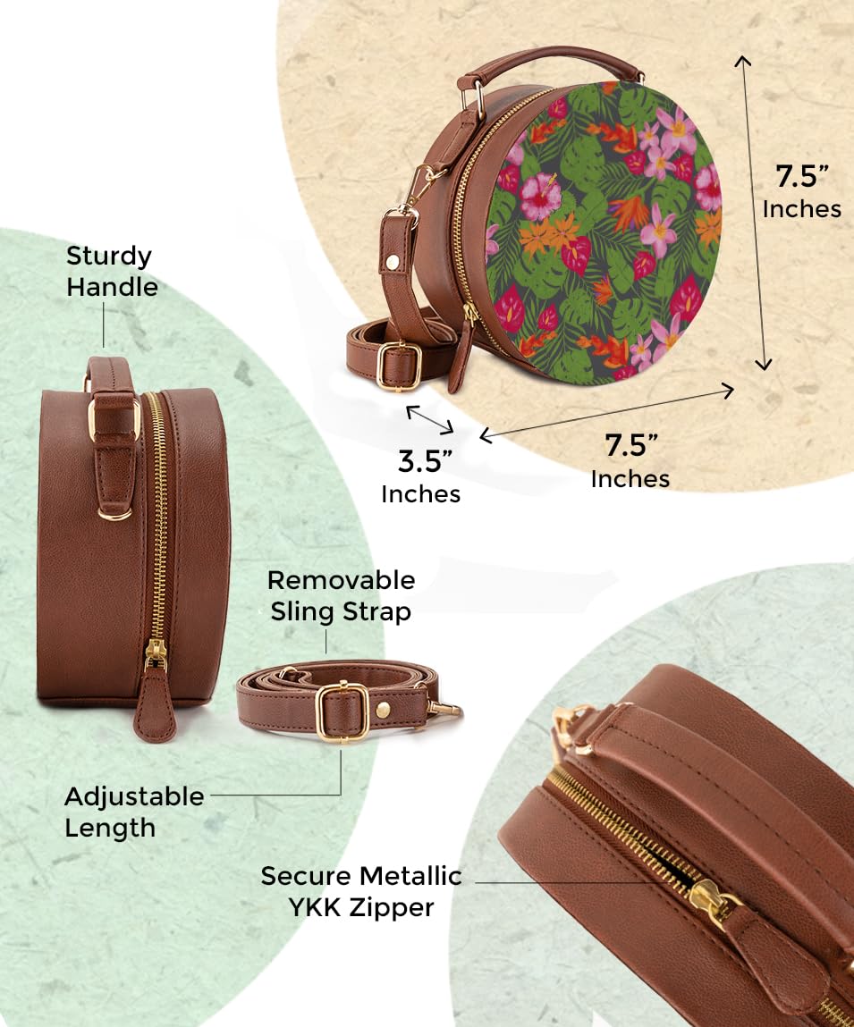 Kalankit Round Sling For Women | Girls Crossbody Bags | Side Bags With Adjustable Strap | Travel Box Sling Bags | Tropical Paradise