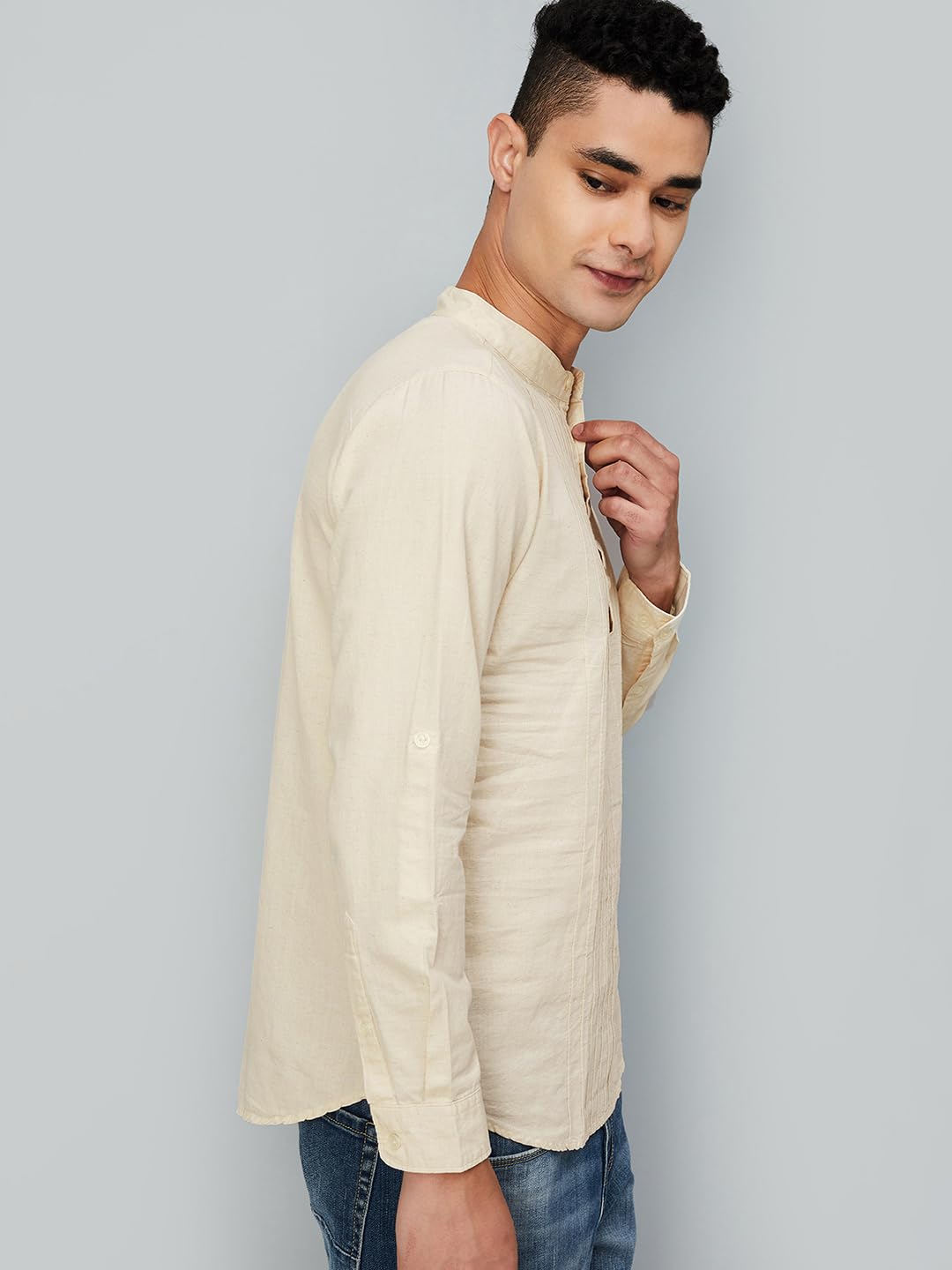 Max Men's Full Sleeves Mandarin Collar Solid Slim Fit Cotton Kurta Beige