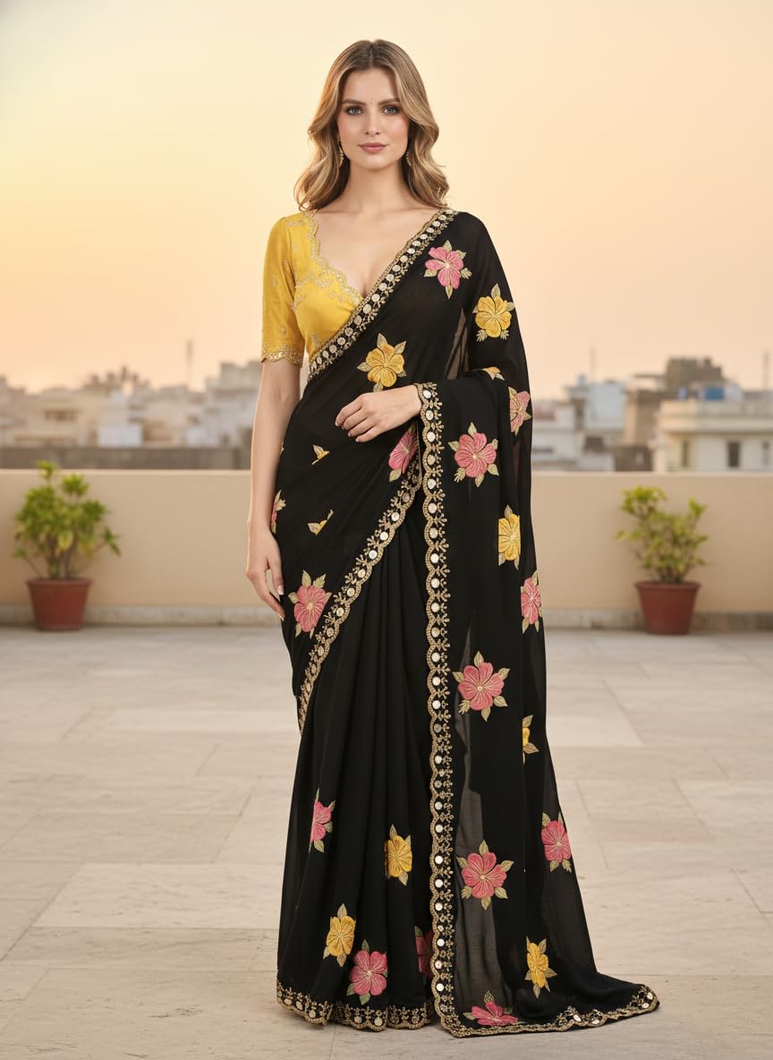 Sidhidata Women's Shining Star Georgette Embroidered Mirror Work Saree With Embroidered Unstitched Blouse Piece (Kusum Black_Black_Free Size)