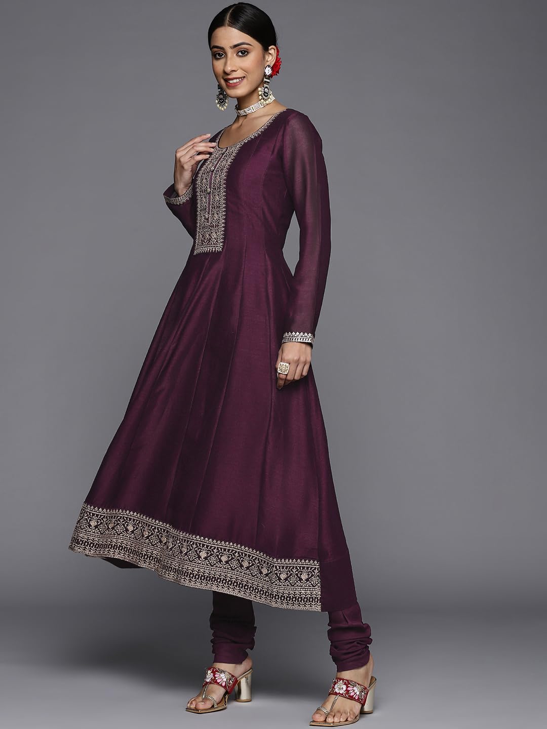 Libas Purple Yoke Design Silk Blend Anarkali Kurta With Churidar & Dupatta
