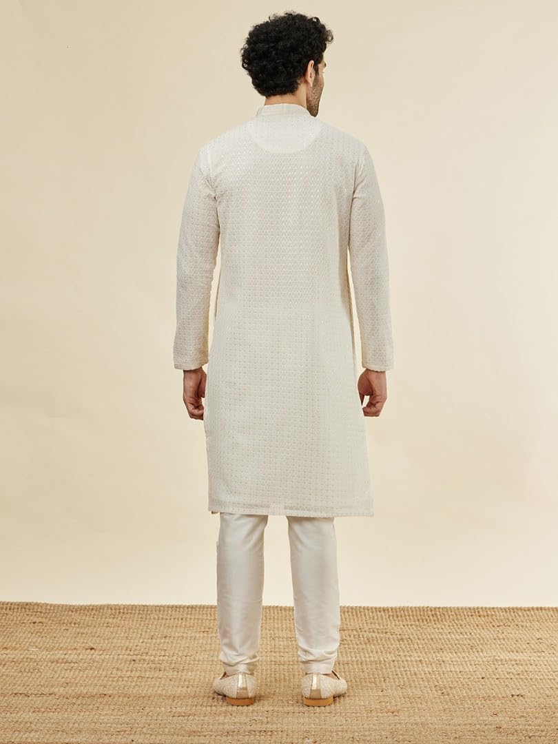 Manyavar Mens Cream Georgette Kurta Pyjama Set