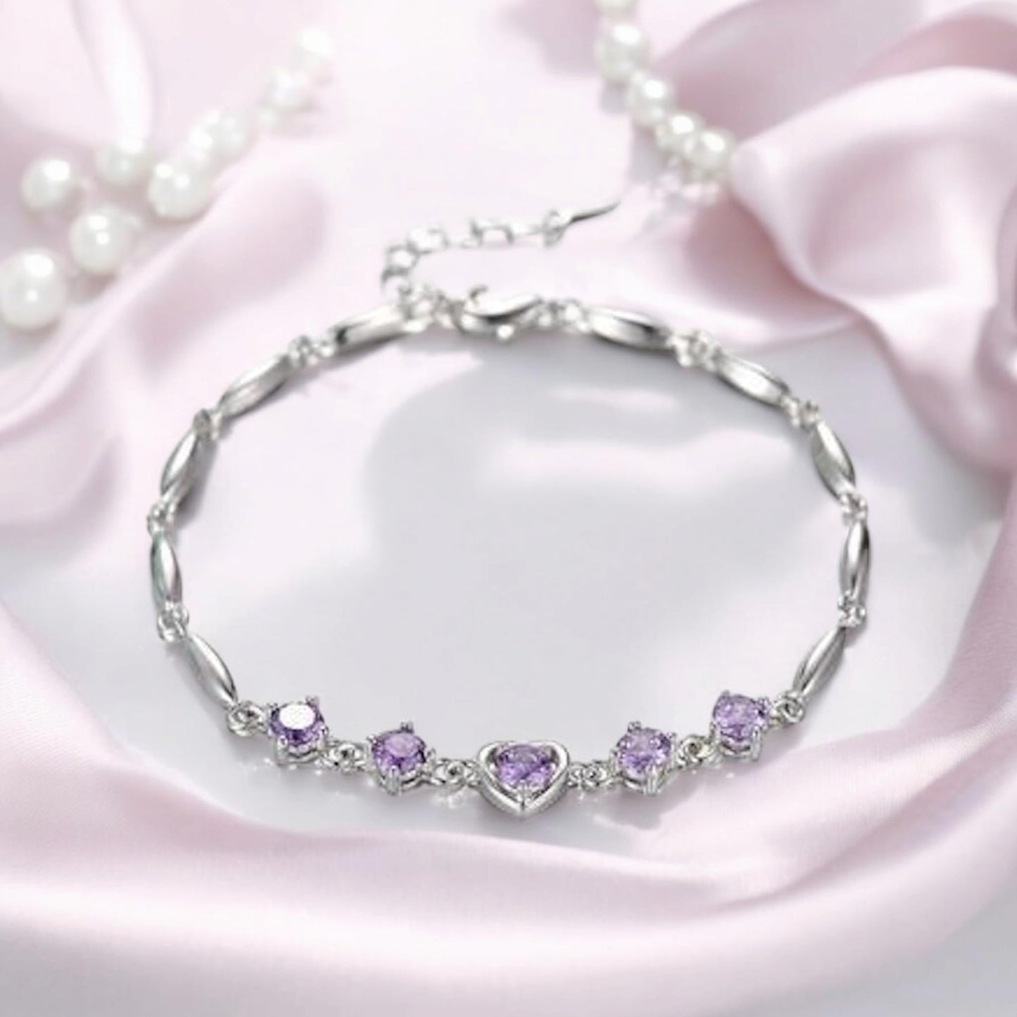 Nilu's Collection Copper Sterling Silver Plated Heart Shape Designed Charm Bracelet for Women (Pack of 1,Purple) (Purple)