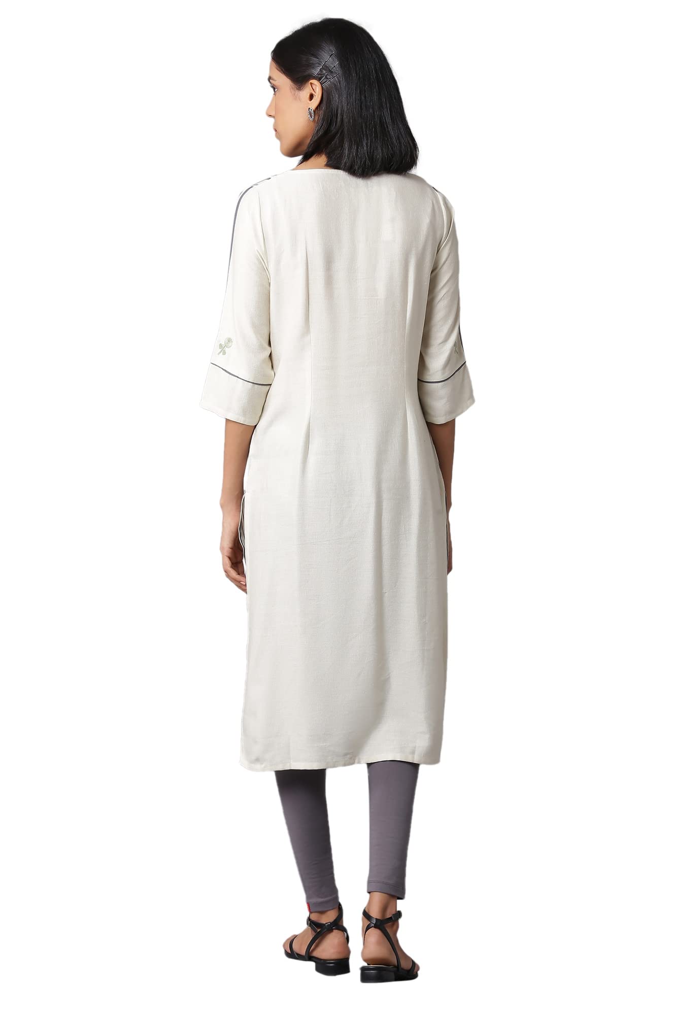 W for Woman Women's Rayon Geometric Regular Kurta (22FEW17327-118127_Ecru_L)