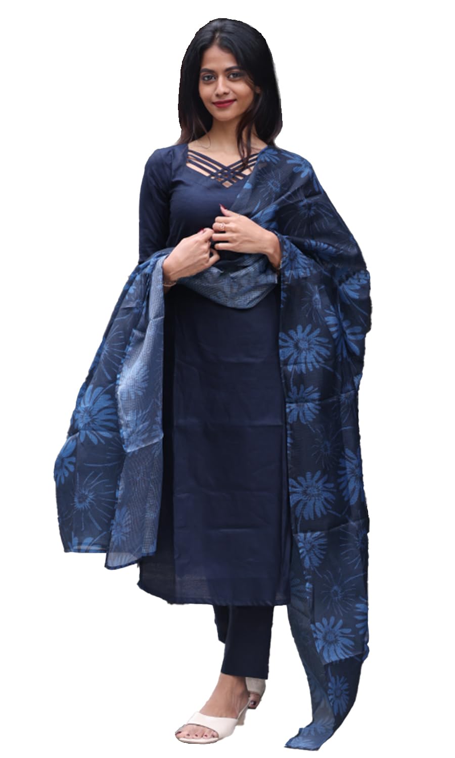 Sun Fashion And Lifestyle Women's PV cotton Stitched Printed Calf Length Kurti And Pant With Dupatta (KPD56_Blue_XL)