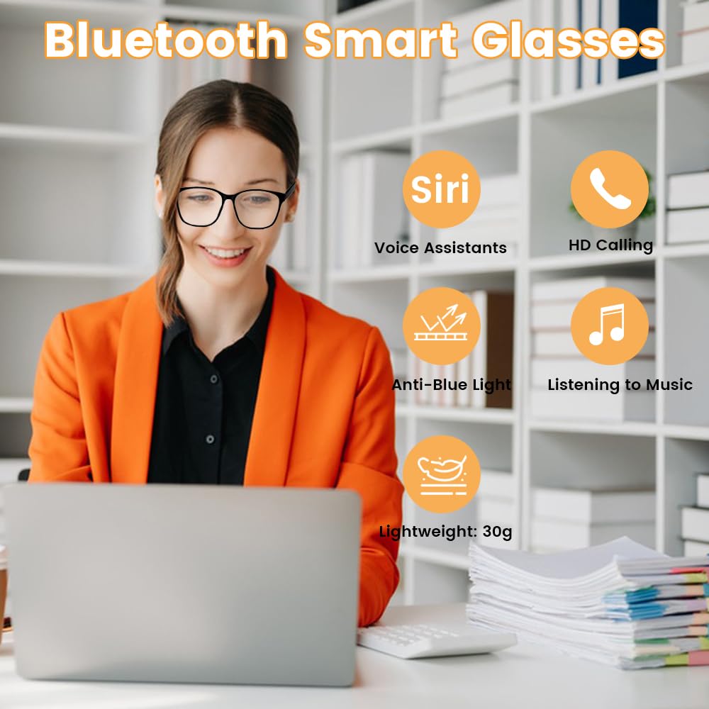 QJF Smart Glasses Anti Blue Light Bluetooth Glasses Built-in Mic & Open Speakers, Voice Assistant, for Reading/Office/Work Unisex (Transparent color)