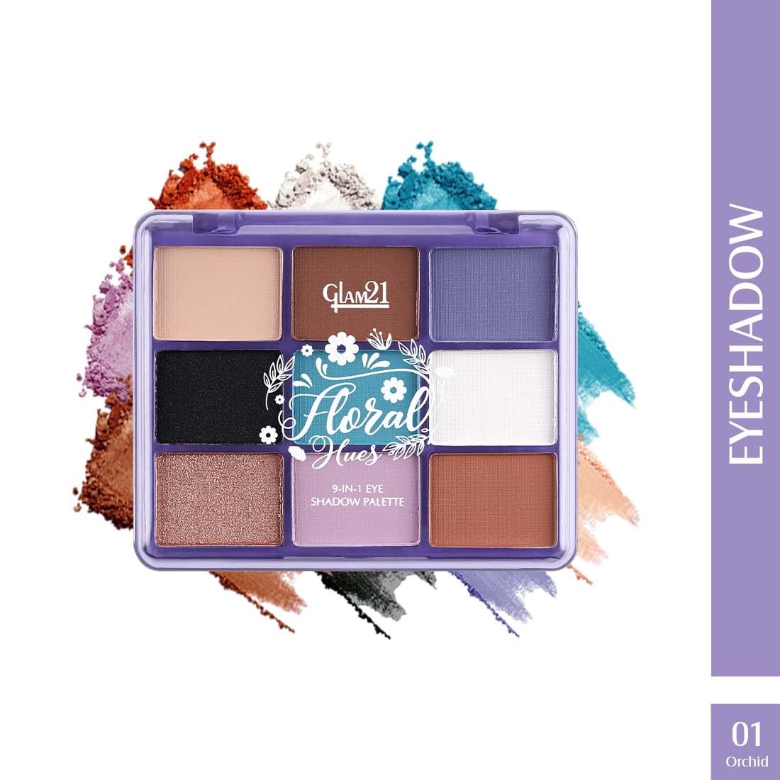 Glam21 Floral Hues 9 In 1 Eyeshadow Palette | Highly Pigmented | Easy To Carry | Super-Blendable | Mix of Matte and Shimmers Smudge-Proof (7.2 gm) | 01- Orchid