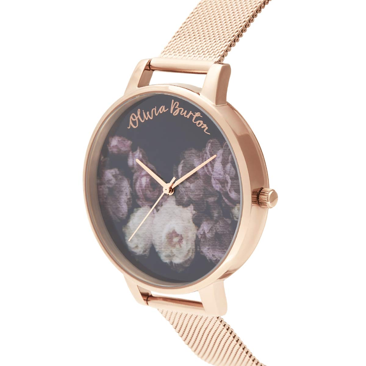 Olivia burton Fine Art Qtz Basic Black & Floral Round Dial Women's Watch|Ionic Plated Rose Gold Steel Material|Gold Color Band - OB16WG22