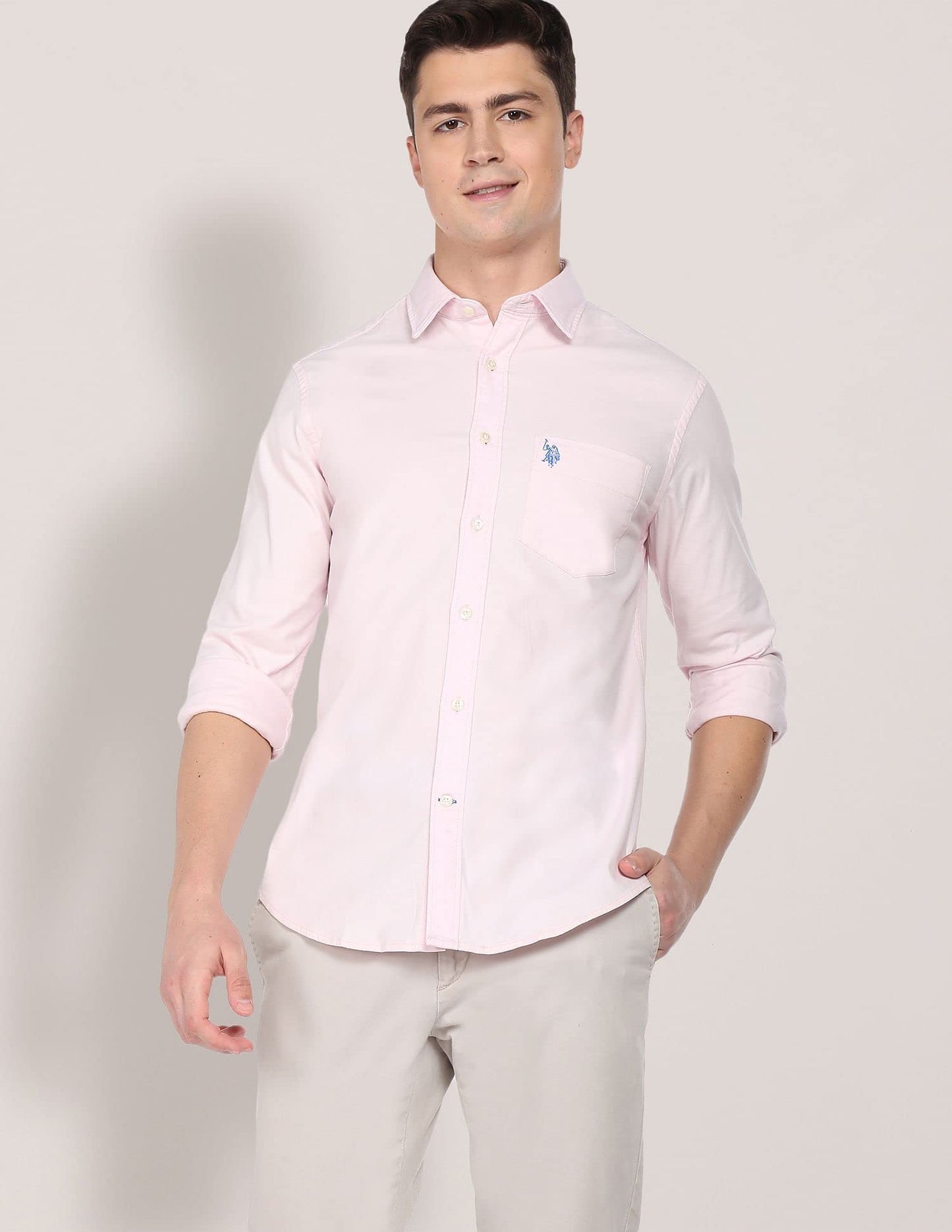 U.S. POLO ASSN. Mens Cotton Solid Oxford Fs Regular Fit Shirts (Usshtfx0014_Pink_Medium)