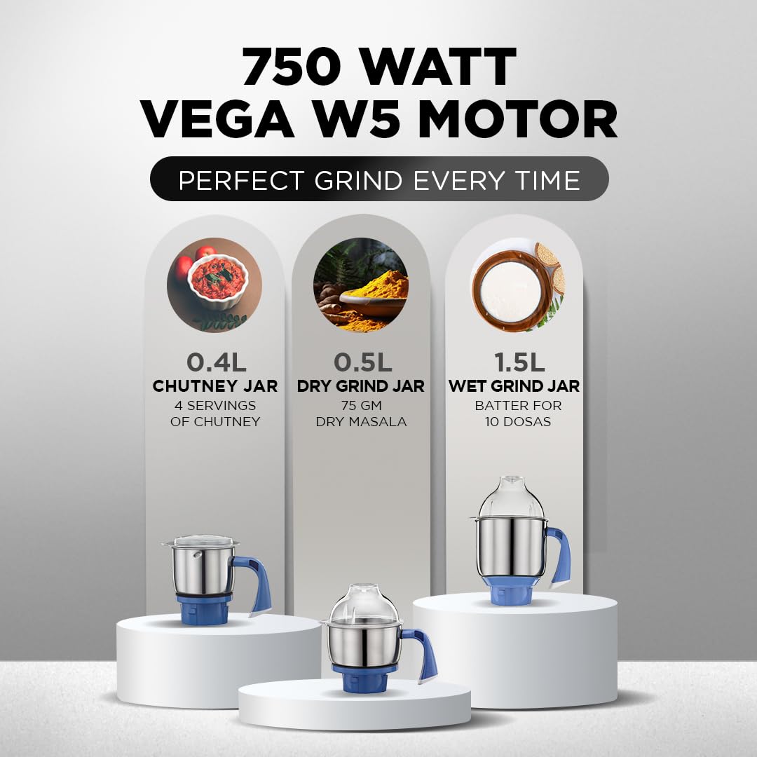 Preethi Blue Leaf Diamond MG-214 mixer grinder 750 watt (Blue/White), 3 jars & Flexi Lid, FBT motor with 2yr Guarantee & Lifelong Free Service