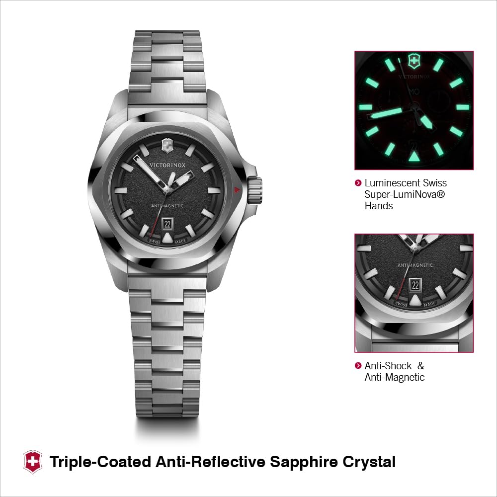 Victorinox I.N.O.X. Small, Swiss Made Women's Watch | Black Dial, 32 mm, 100M Water Resistant, Stainless Steel Case, Quartz Movement, Stainless Steel Bracelet | 242036