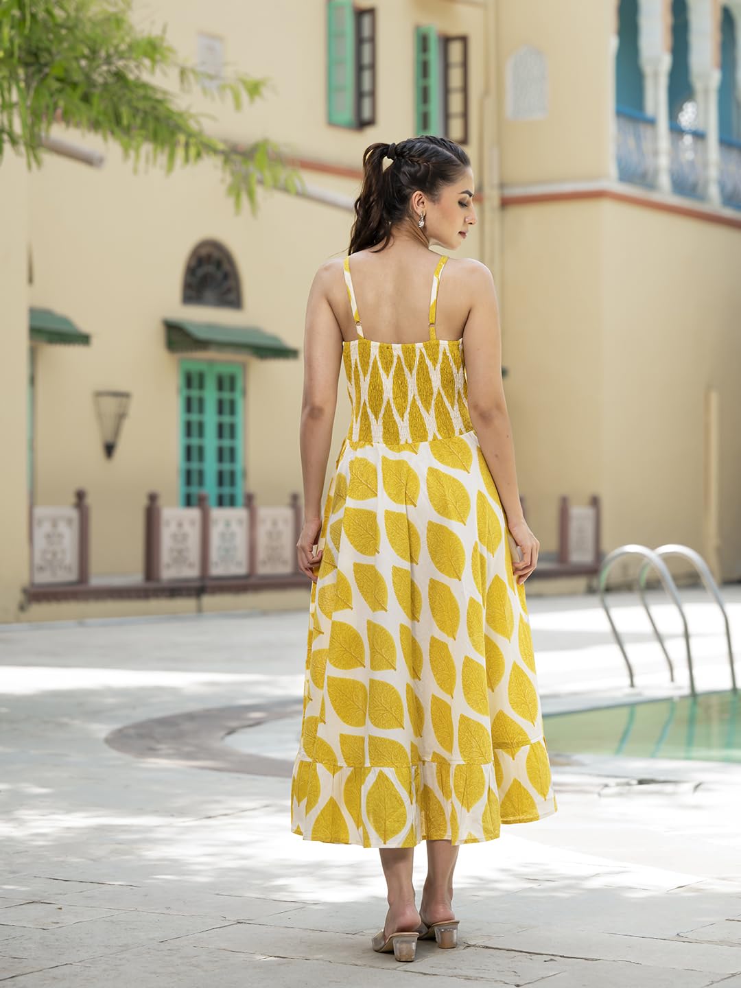 Divena Yellow Printed Pure Cotton Fit & Flare Dress