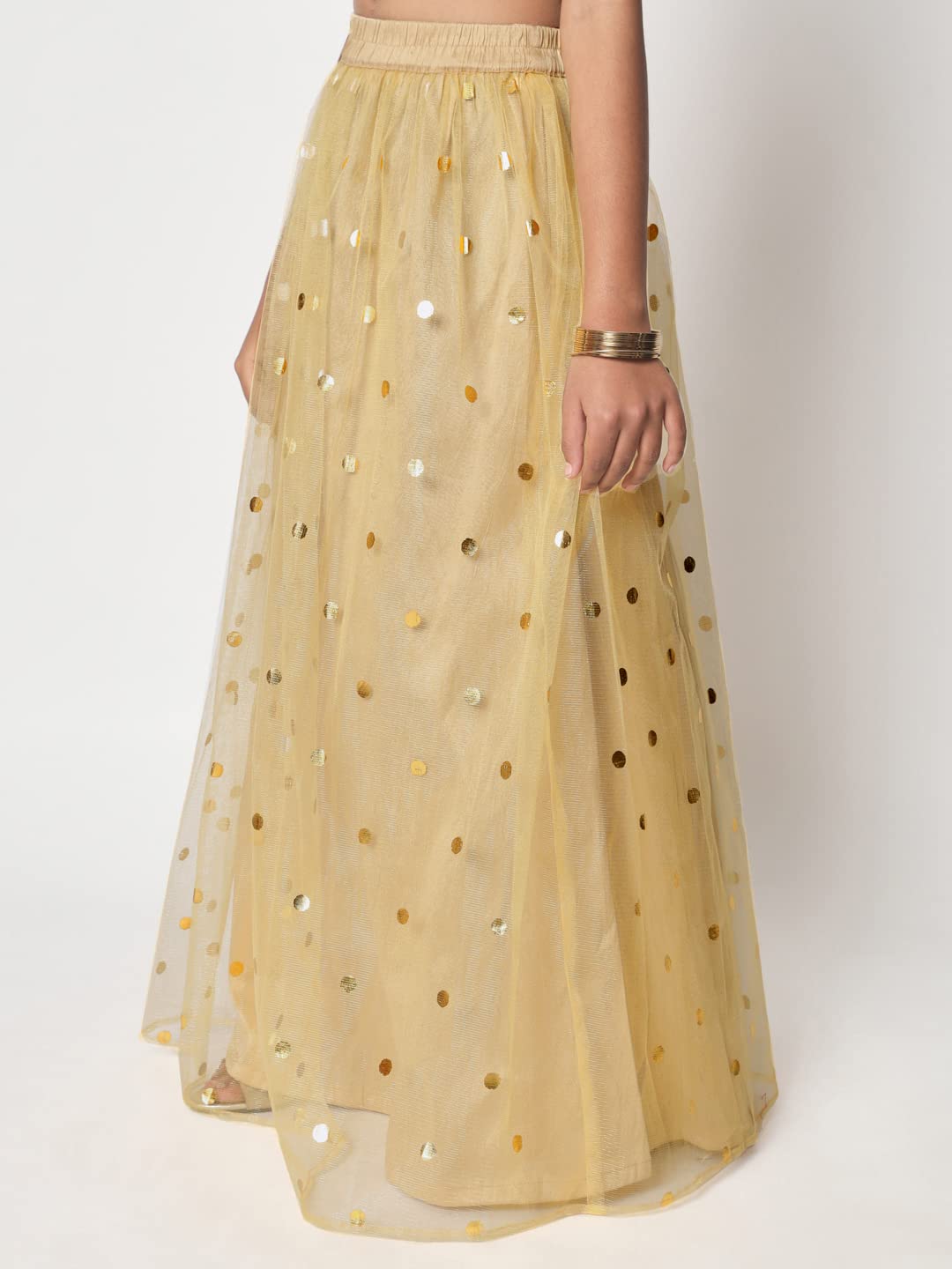 studio rasa Girls Net Polka Foil Printed Kids Gathered Skirt for Festive Wedding Party (GSC12306/7-8_Beige_7-8Y)