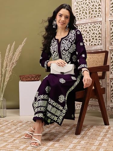 Ada Hand Embroidered Lucknowi Chikankari Cotton Kurta and Pant Set for Women A811276 Wine (S)