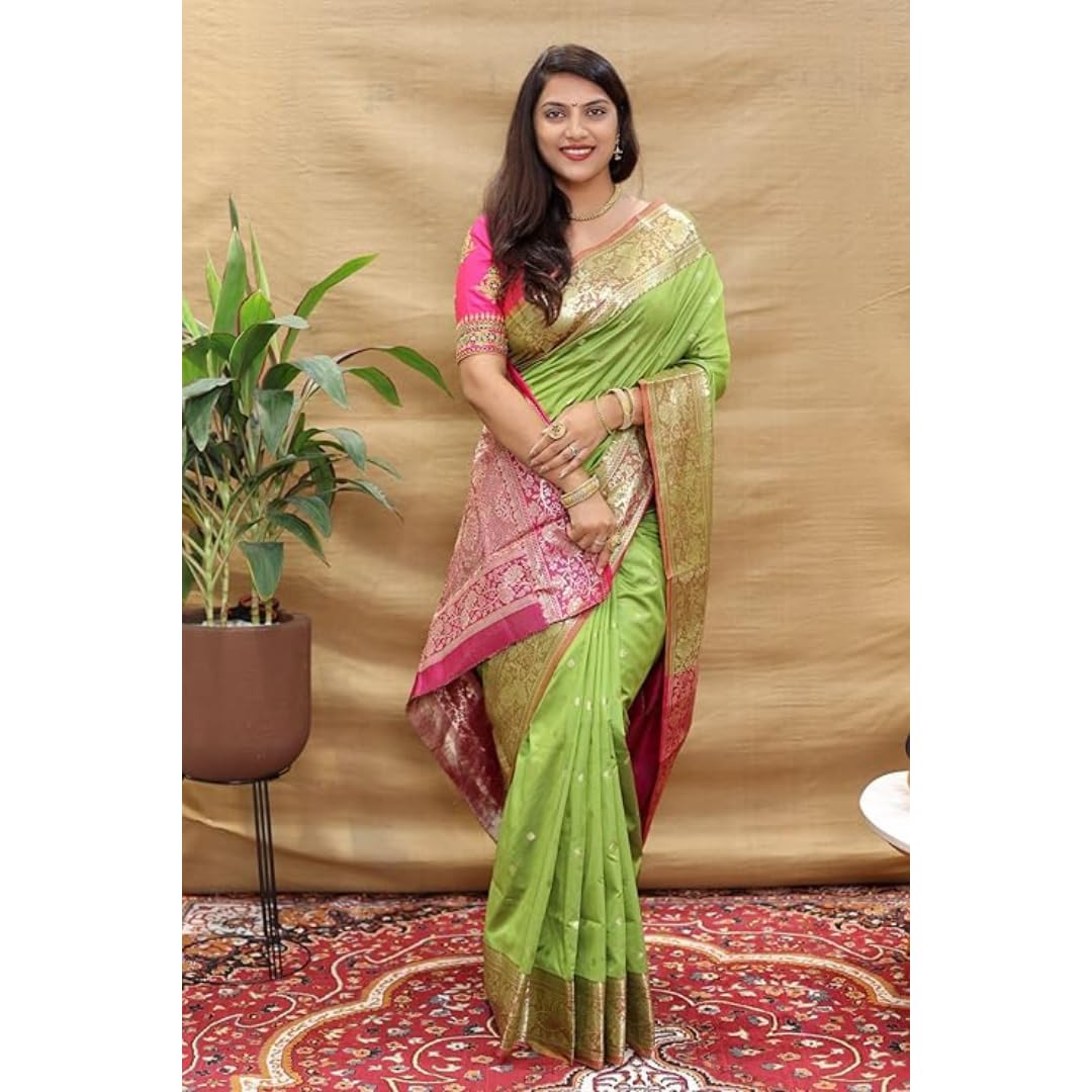 AMIRAT Women's Banarasi Saree Soft new ladies 2024 Design Wear Pattu Sarees Latest Cotton Party Sari collections With Blouse Piece for Wedding sadi (Perrot Green)