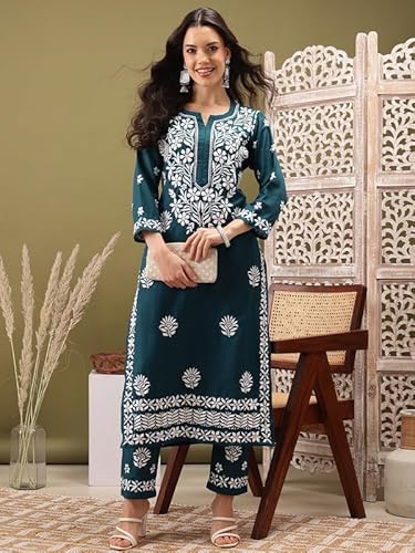 Ada Hand Embroidered Lucknowi Chikankari Cotton Kurta and Pant Set for Women A811260 Peacock Blue (XL)