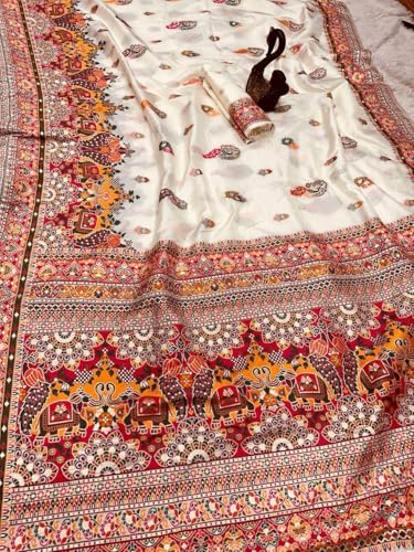 SWORNOF Women's kanjivaram banarasi silk saree for Patola festival Wedding silk with rich pallu Design sarees for women with blouse piece (WHITE2)