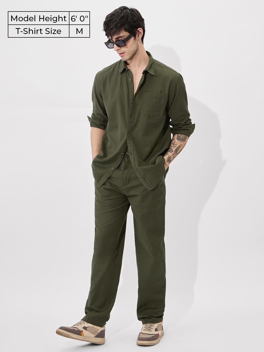 The Souled Store Solids: Olive Green Men and Boys Collared Neck Long Sleeve Button Front Regular Fit Cotton Linen Shirts Solid Shirts Casual Button-Down Full Sleeve Casual Workwear Fashionable Stylish