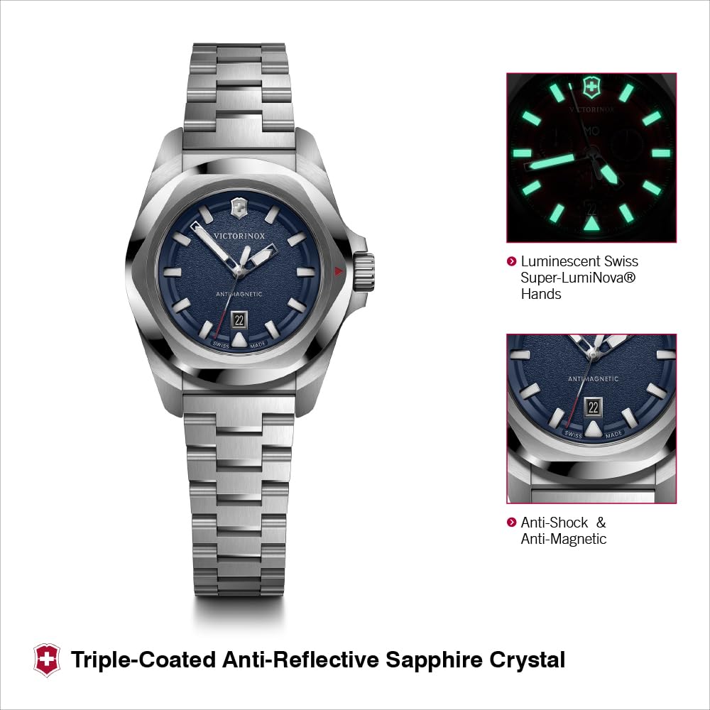 Victorinox I.N.O.X. Small, Swiss Made Women's Watch | Blue Dial, 32 mm, 100M Water Resistant, Stainless Steel Case, Quartz Movement, Stainless Steel Bracelet | 242038