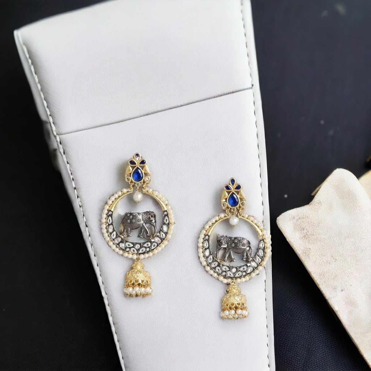 Accessher Silver Plated Oxidised Dual tone anitque gold plated Elephant german silver Circle Dangle earrings for women and girls