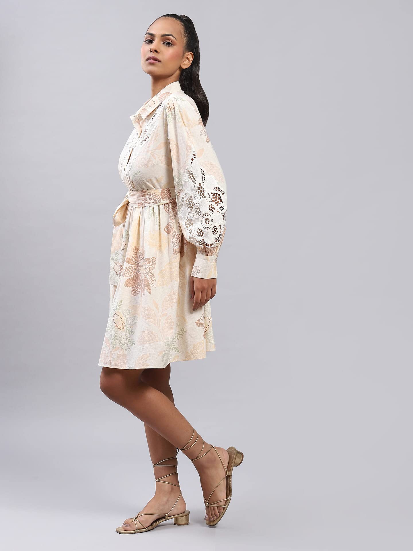 Label RITU KUMAR Ecru Embroidered Tie-Up Short Dress with Inner