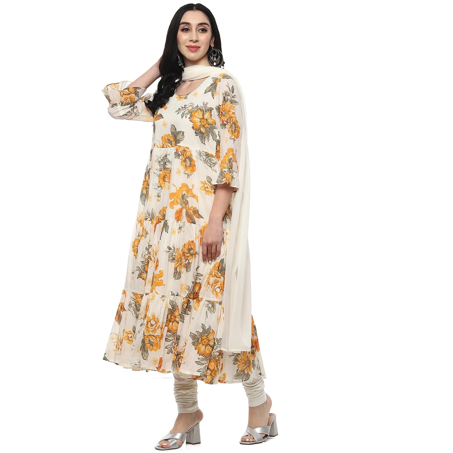 BIBA Women PRINTED TIRED SALWAR KURTA DUPATTA(SKDSUMMER BREEZE9409_OFF WHITE_36)