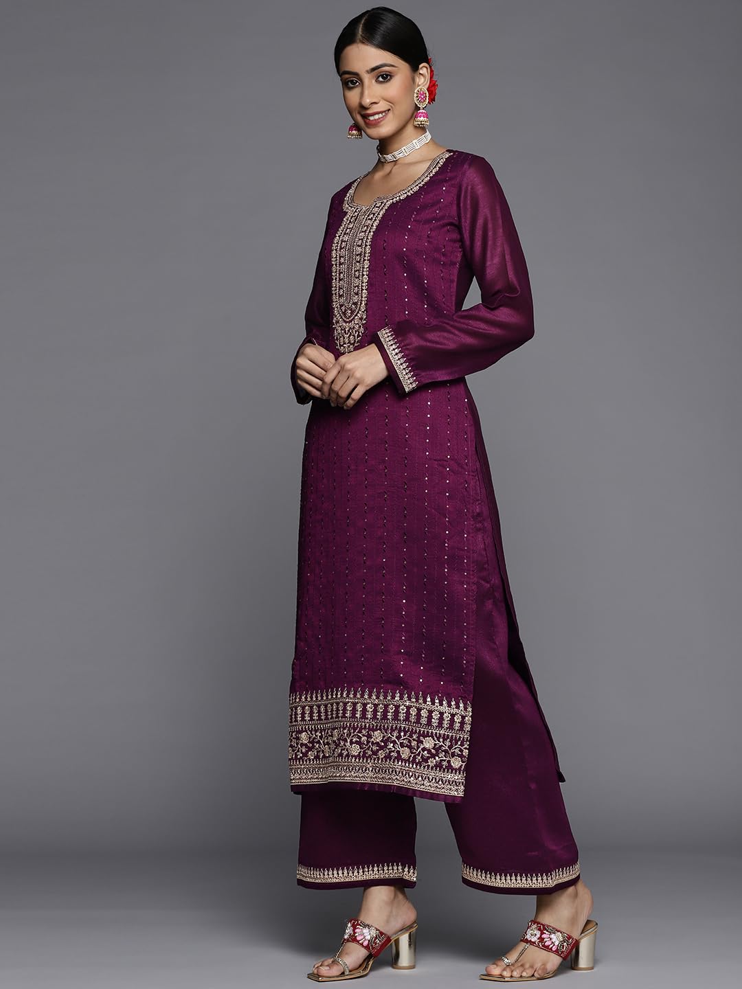 Libas Women's Silk Blend Kurta Sets (33416O_Purple