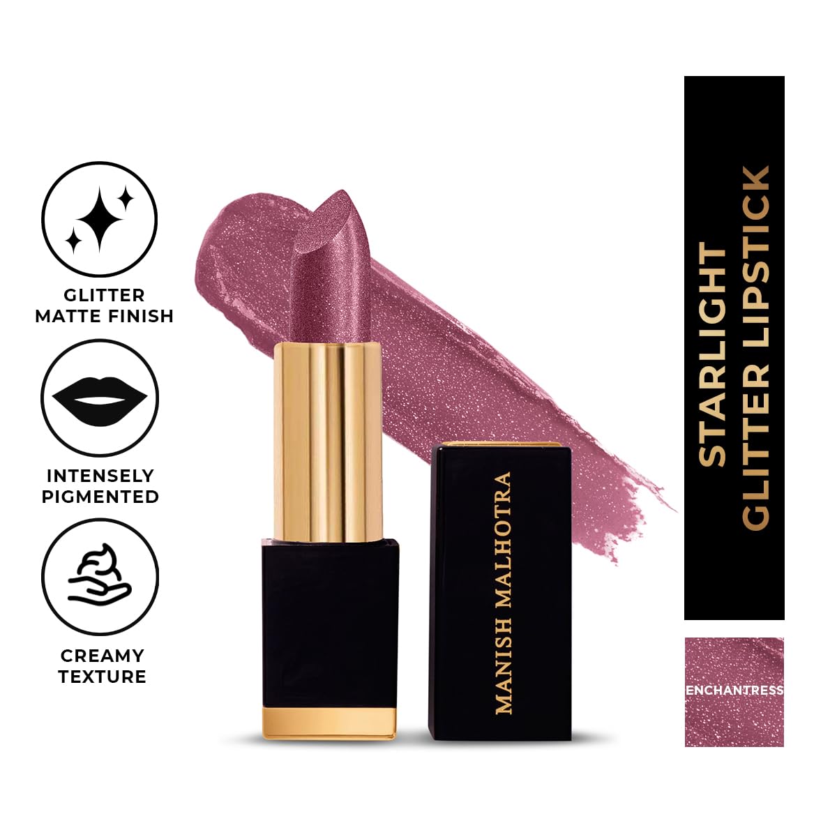 MyGlamm Manish Malhotra Starlight Glitter Lipstick - Enchantress (Plum Shade) | Non Drying, Creamy Pigmented Bullet Lipstick With Vitamin E (4.2g)
