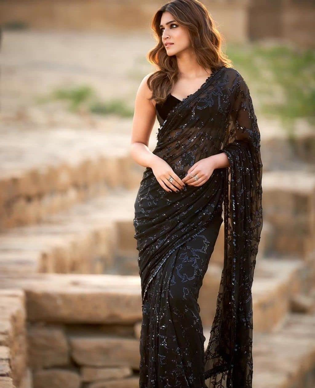 Sidhidata Women's Sequence Work Georgette Saree With Blouse Piece (Kriti Sequence Black_Black_Free Size)