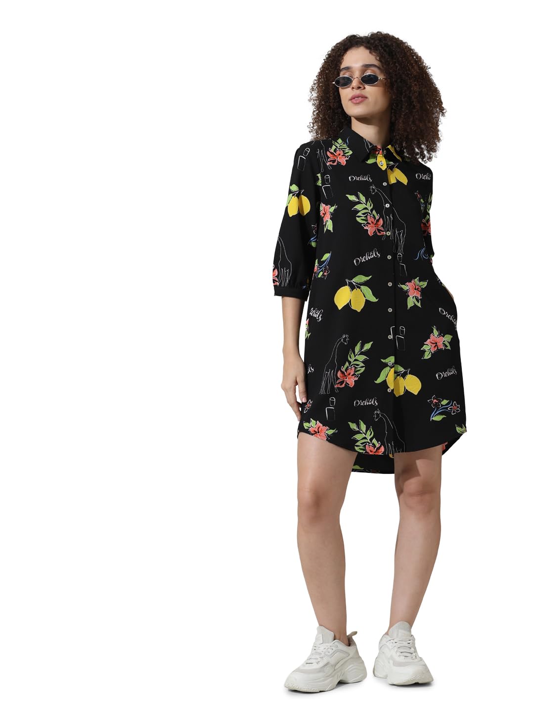 ONLY Women Printed Polyester Above Knee Black Shirt Dress