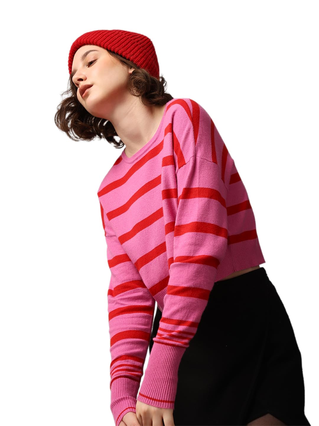 ONLY Women Striped Viscose Blend Pink Pullover Sweater