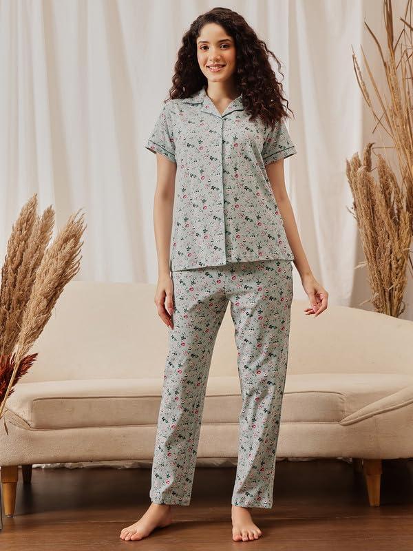 Clovia Women's Printed Button Down Shirt & Pyjama Set (LS0025B11_Green_M)