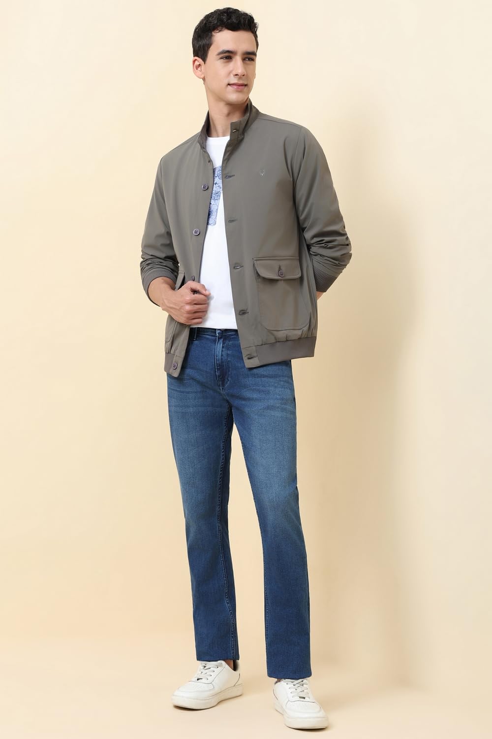 Allen Solly Men's High Neck Solid Bomber Jacket | Non Hooded | Standard Length A-Line Style With Welt Pocket