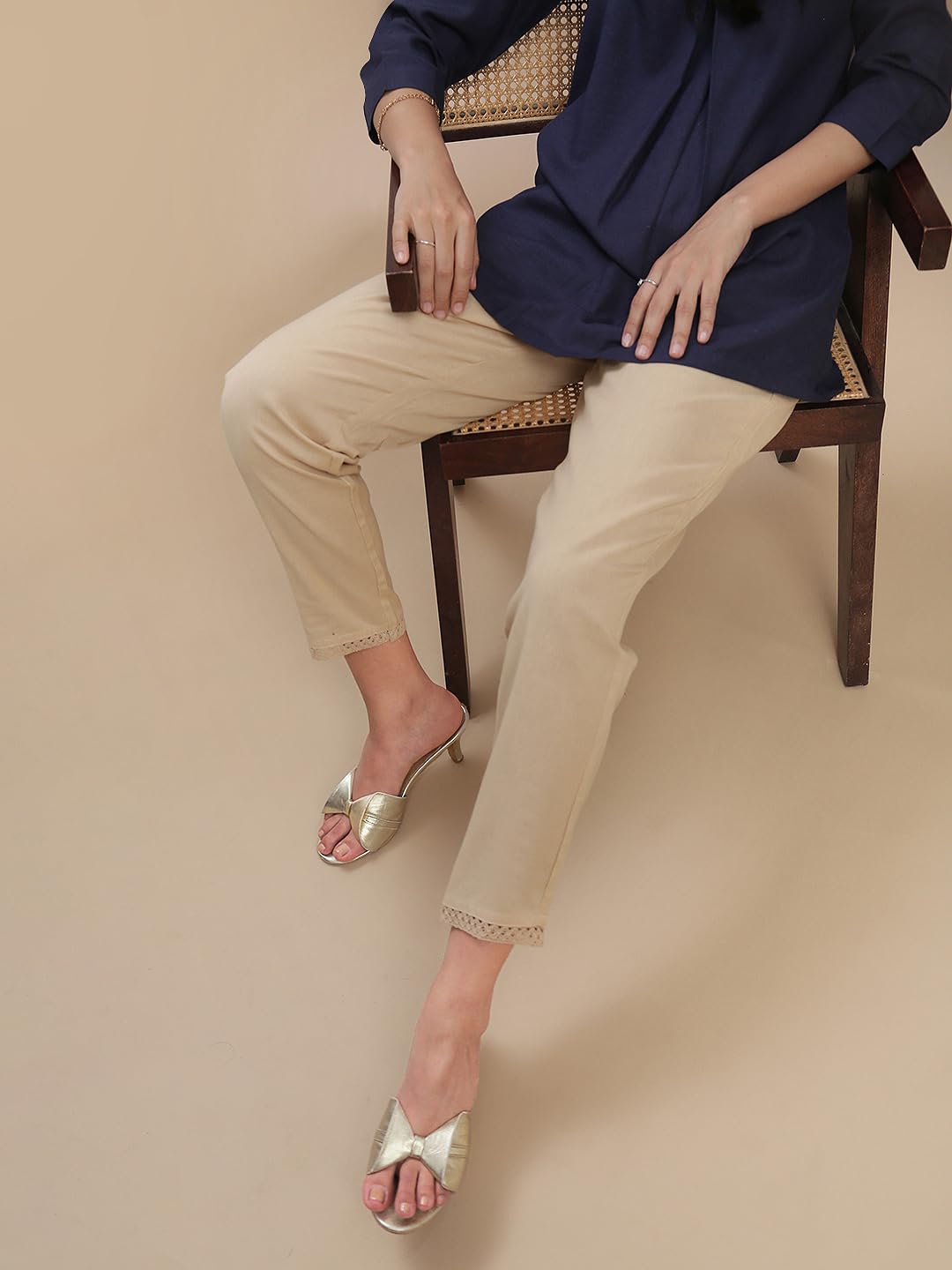 De Moza Women Regular Fit Lace Cigarette Pant - Light Beige | 100% Cotton Flex | Mid Rise | 2 Pockets | Casual & Office Wear