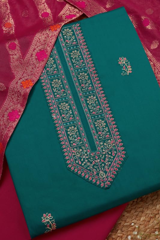 Soch Womens Turquoise Blue Cotton Blend Embroidered Unstitch Dress Material With Sequins