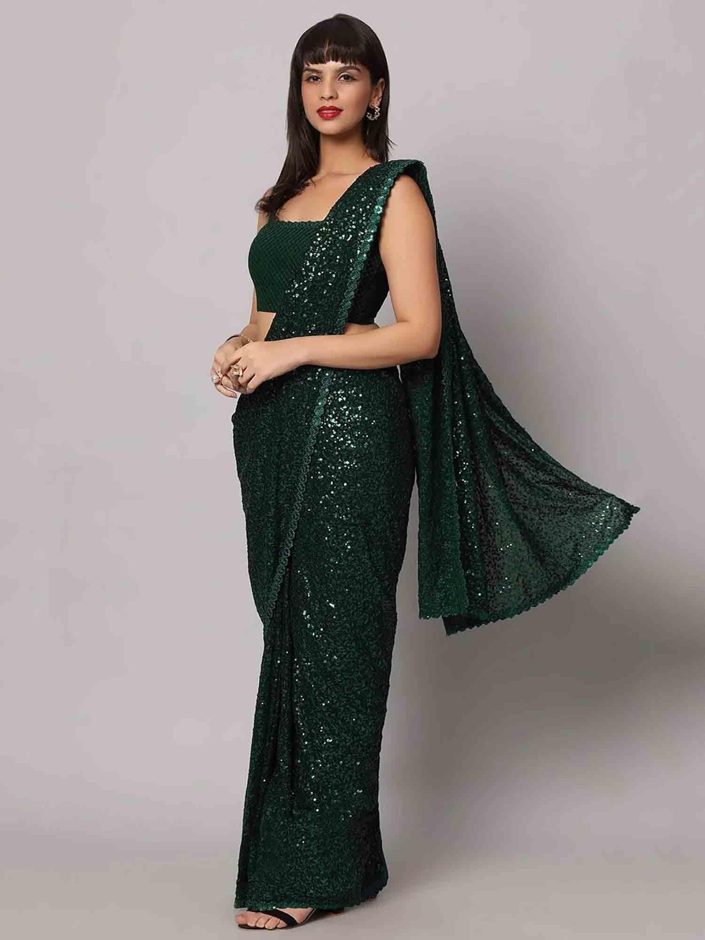 Zeel Clothing Women's Dark Green Sequins Work Heavy Georgette Saree with Blouse (1008-Deep-Green-Sequins-Party-Saree-New, Deep Green)