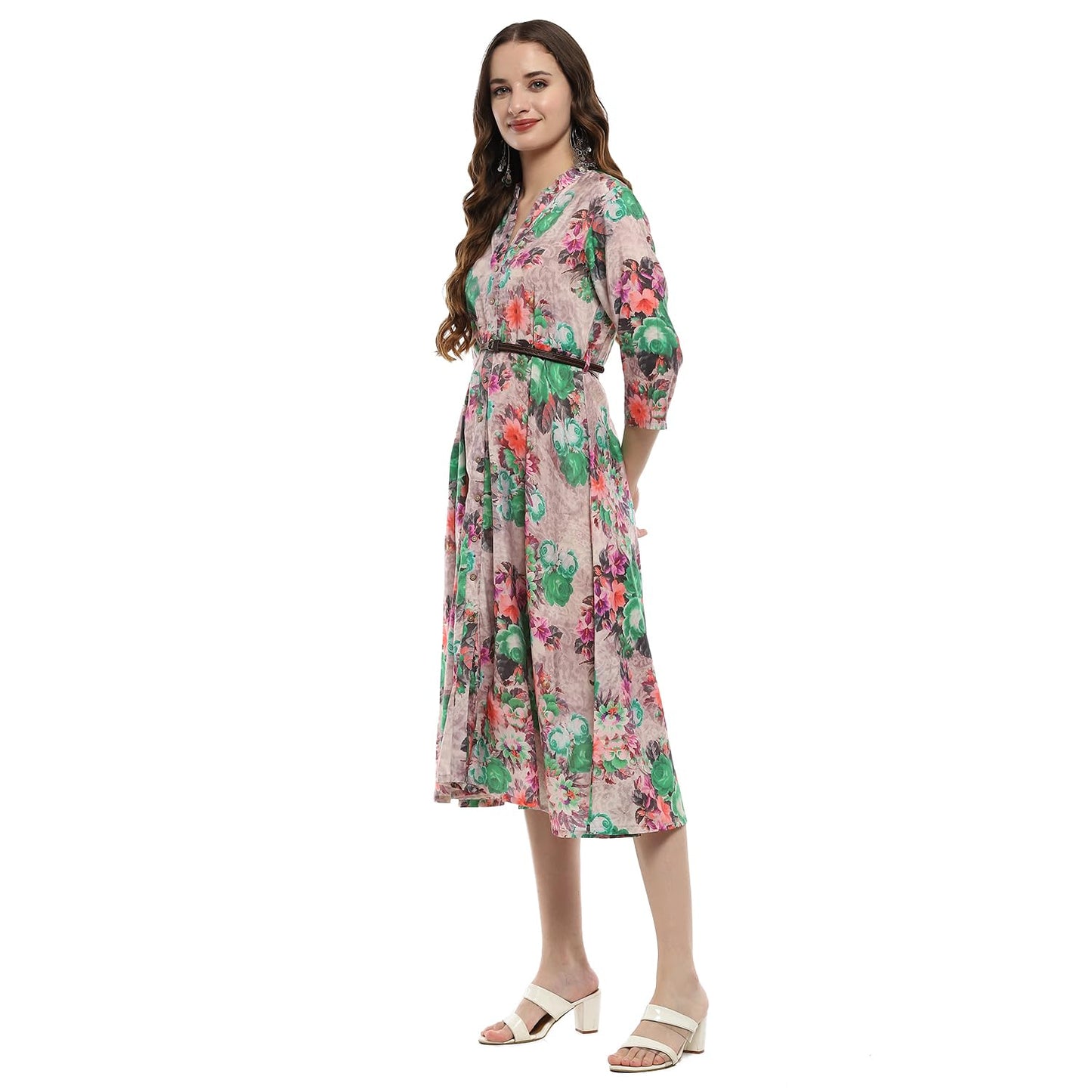 BIBA Women's Rayon Fit and Flare Below The Knee Formal Dress (ASSORTED1775EAW24PINK