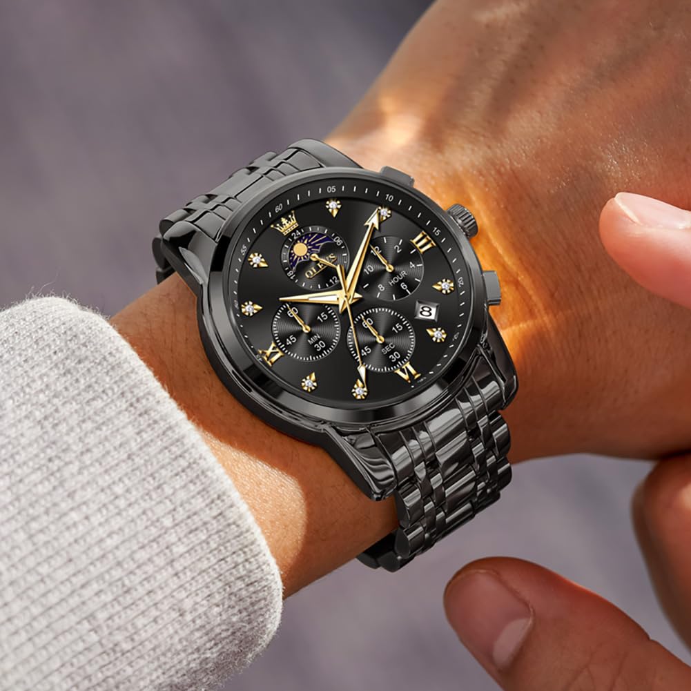 OLEVS Watch for Men Diamond Business Dress Analog Quartz Stainless Steel Waterproof Luminous Date Two Tone Luxury Casual Wrist Watch, black watches 3655, men watch