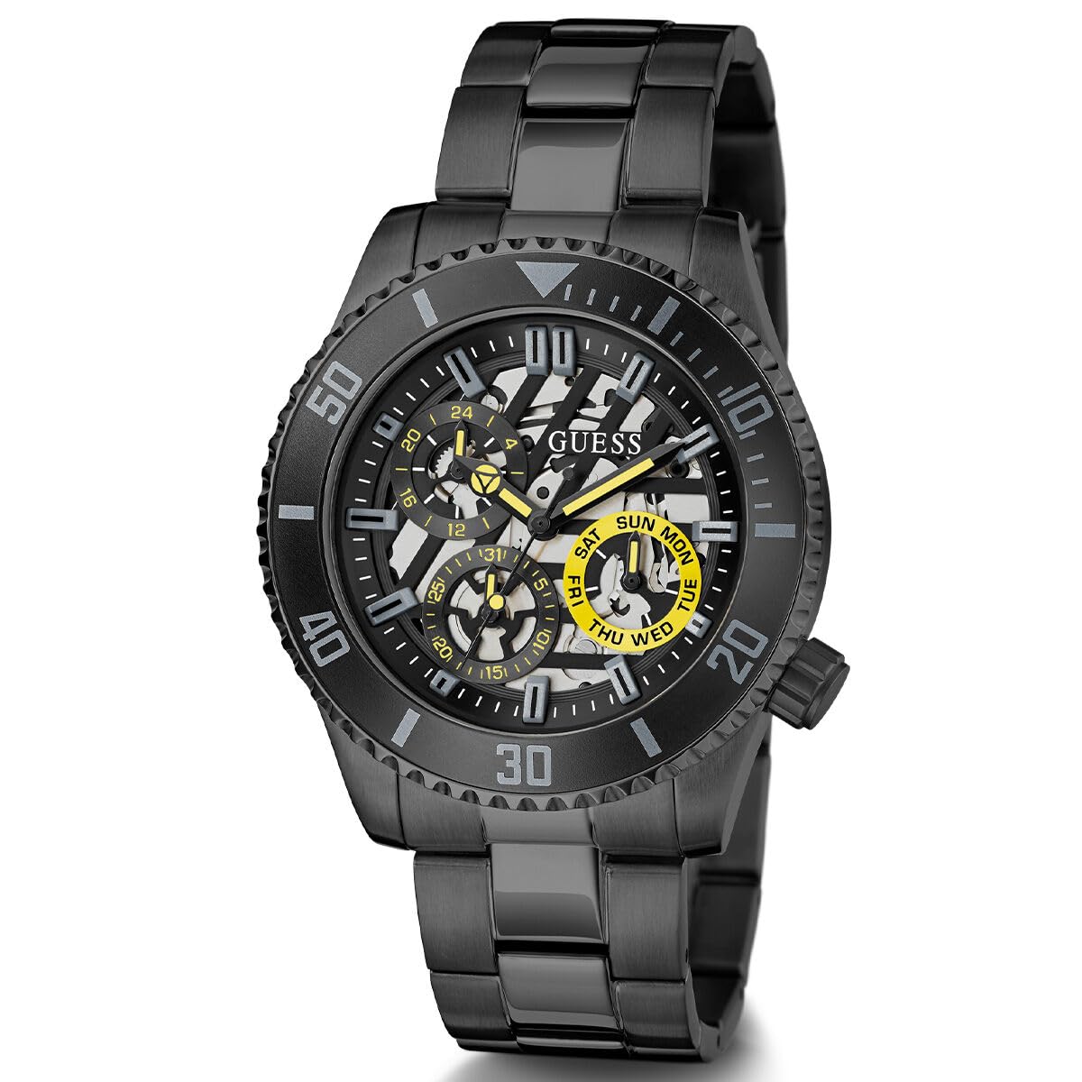 GUESS AXLE Collection Multi-Function Mens Analog Black Dial Coloured Quartz Watch, Round Dial with 45 mm Case Width - GW0488G3