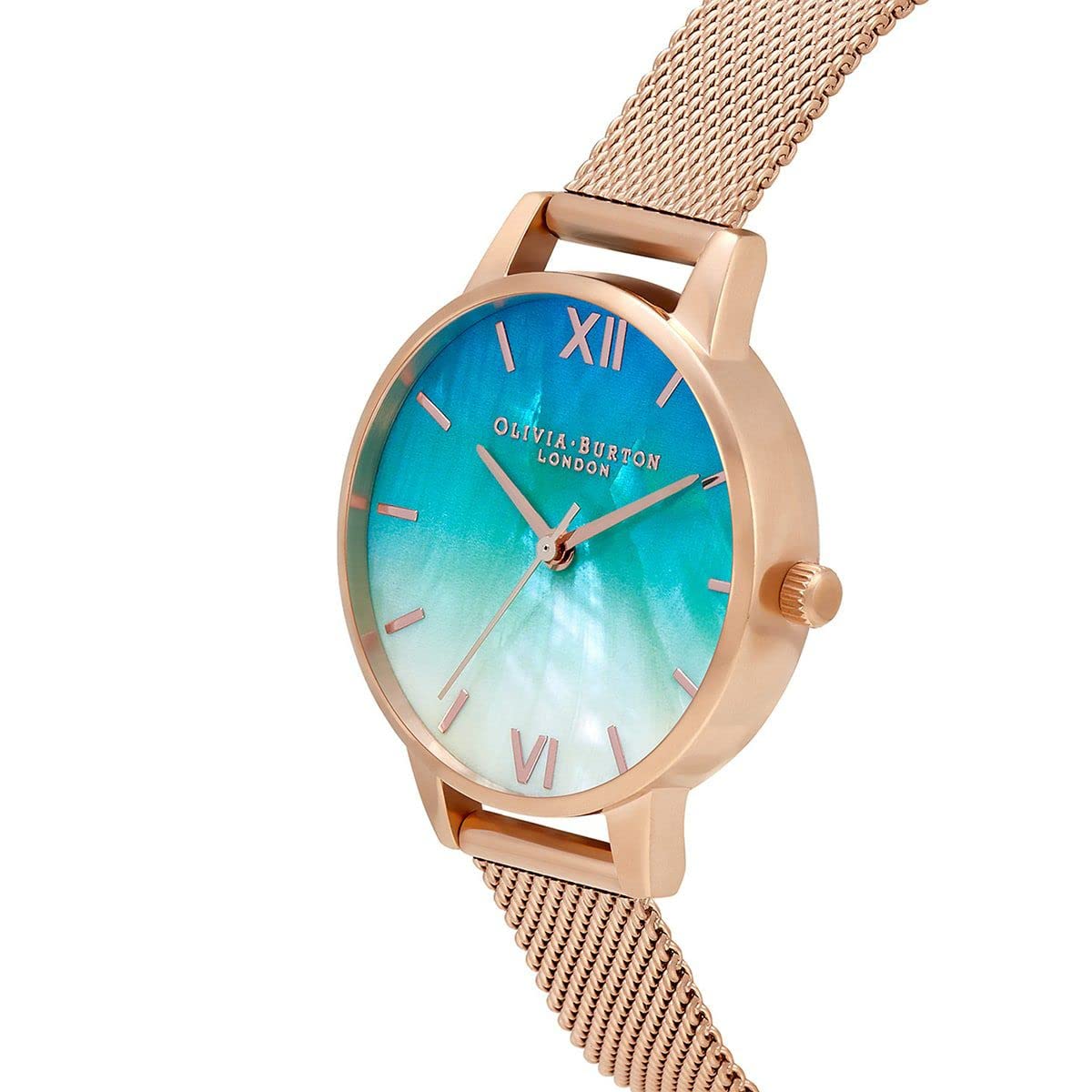 Olivia Burton Under The Sea Qtz Basic Slim Ombre Teal to White Mother of Pearl Round Dial Women's Watch|Ionic Plated Rose Gold Steel Material|Gold Color Band - OB16US66